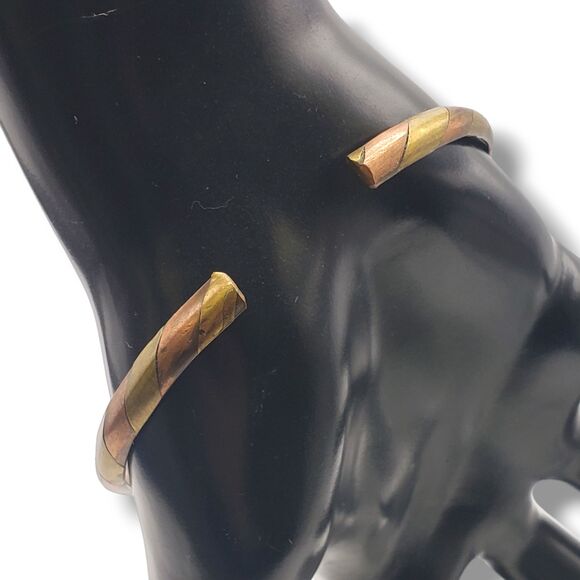 Brass Copper Alternating Stripes Thin Bangle Vintage Bracelet Mixed Metal - Picture 5 of 8